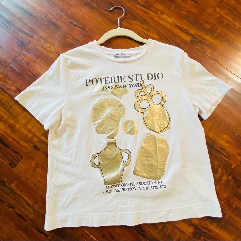 3/$24 Zara White Text Tee - Picture 3 of 6